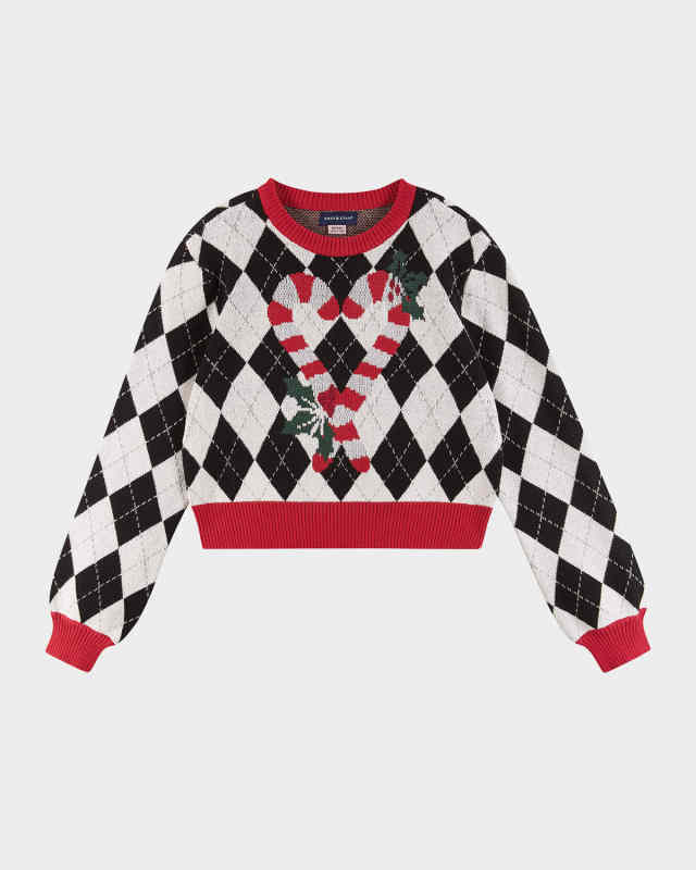 Girl's Argyle Cropped Sweater W/ Candy Cane Graphic, Size 7-16